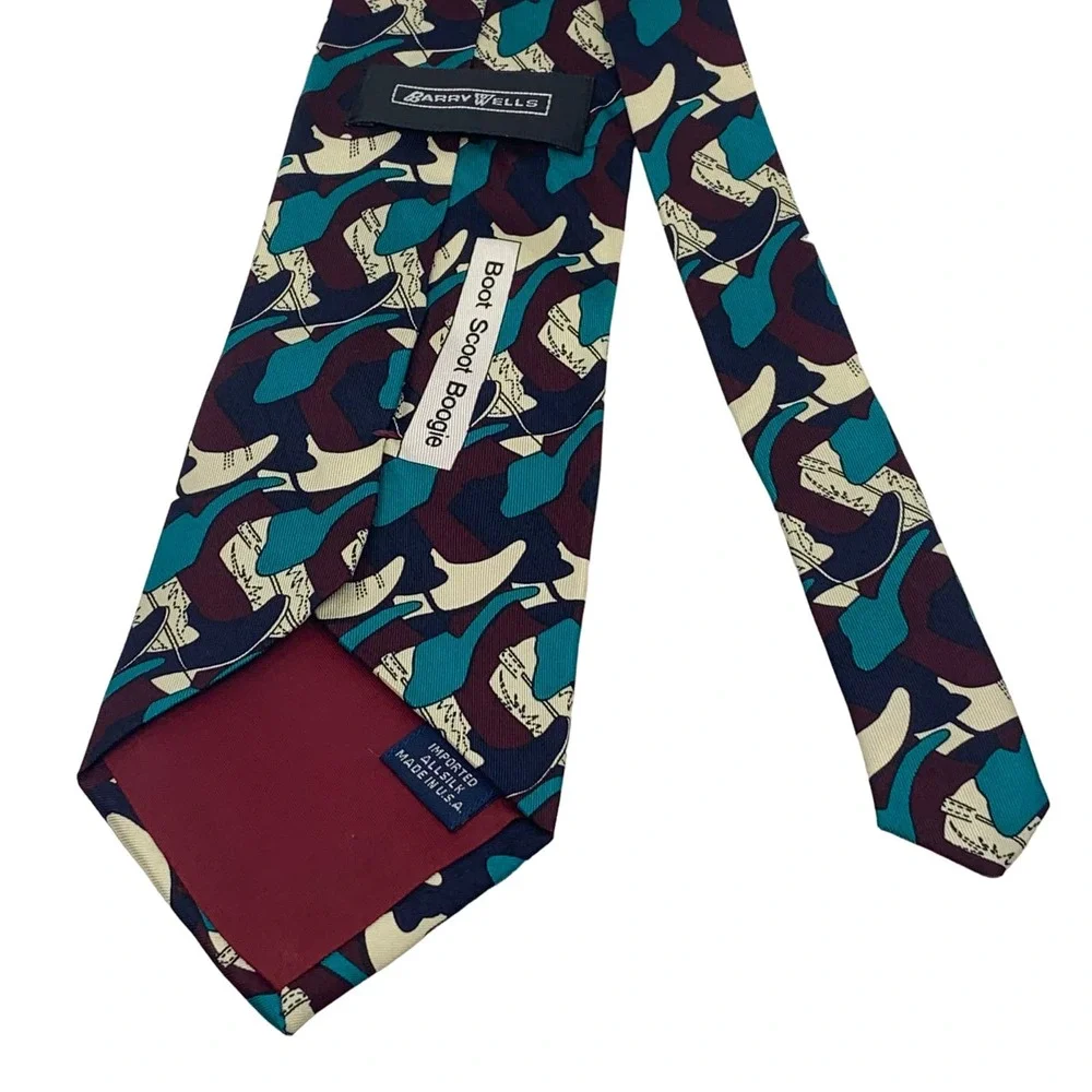 Barry Wells Boot Scoot Boogie‎ Men's Silk Tie Necktie Green Brown Cream Western